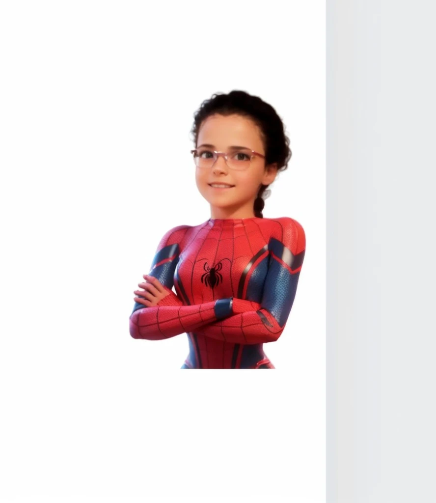 7 year old beatifull white girl with curly hair tied in a ponytail, she wears glasses, she is standing with her arms crossed wearing a white and pink spider woman outfit. She is happy. best image quality, 3D style.