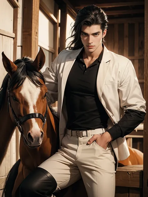 portrait headshot of a A tall handsome 27 year old man in a red and white long sleve polo shirt and white ridding pants and knee length  black boots. Holding a black horse by the harness with his left hand. He has black hair with long shaggy hair, brown ey...