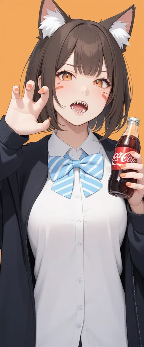 Masterpiece, Best Quality,
1 girl, Alone, animal ears, bow, teeth, Jacket, cola, Open mouth, Brown hair, orange background, bowtie, nails naranjas, simple background, cat ears, orange eyes, blue bow, animal ear fluff, cat cola, looking at the viewer, Upper...