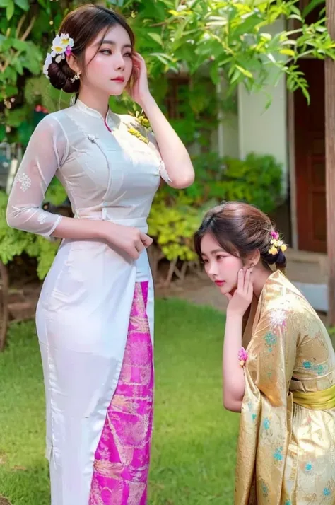 Front view of a Asian woman paying respect, wearing Burmese Traditional dress, white blouse dress and brown longyi