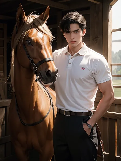 portrait headshot of a A tall handsome 27 year old man in a red and white long sleve polo shirt and white ridding pants and knee length  black boots. Holding a black horse by the harness with his left hand. He has black hair with long shaggy hair, brown ey...