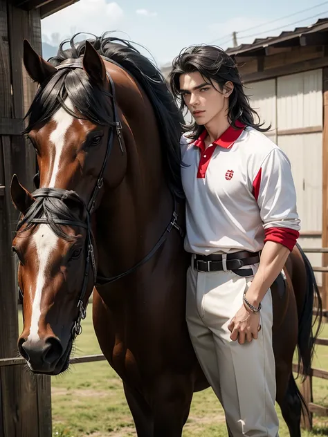 portrait headshot of a A tall handsome 27 year old man in a red and white long sleve polo shirt and white ridding pants and knee length  black boots. Holding a black horse by the harness with his left hand. He has black hair with long shaggy hair, brown ey...