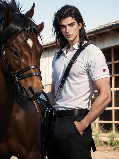 portrait headshot of a A tall handsome 27 year old man in a red and white long sleve polo shirt and white ridding pants and knee length  black boots. Holding a black horse by the harness with his left hand. He has black hair with long shaggy hair, brown ey...