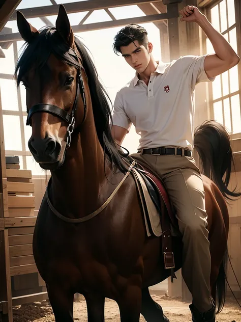 portrait headshot of a A tall handsome 27 year old man in a red and white long sleve polo shirt and white ridding pants and knee length  black boots. Holding a black horse by the harness with his left hand. He has black hair with long shaggy hair, brown ey...