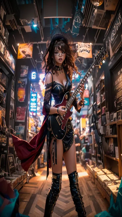 A woman in a costume playing guitar in a store, Shot with Canon EOS R 5, Photographed with Canon EOS R5, Shot with Canon EOS R 6, Shot with Sony A7III, Shot on a Sony Alpha 1 camera, Shot with Leica SL2, Shot with the Nikon Z9, Shot with Canon EOA6D Mark I...