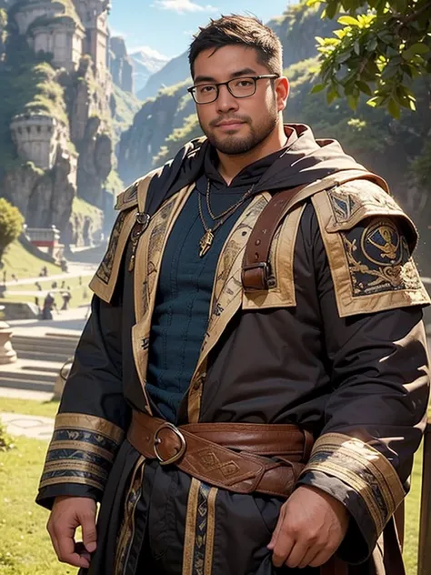 crew cut, (((full body))), (((landscape))), mature man, [slightly fat], asian man, rounded face, brown eyes, ((rounded face)), glasses, balding, 1boy, Solo, (big shoulders), (((stubbles, Short beard))), (((hd, fantasy background, wizard)))