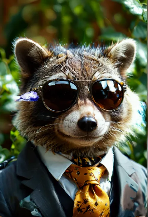 a raccoon consultant sunbathing in a garden,detailed raccoon face,raccoon wearing small dark ray-ban sunglasses in matrix style , raccoon wearing loosened tie and open shirt buttons,realistic,photorealistic,photo-realistic:1.37,best quality,8k,highres,mast...