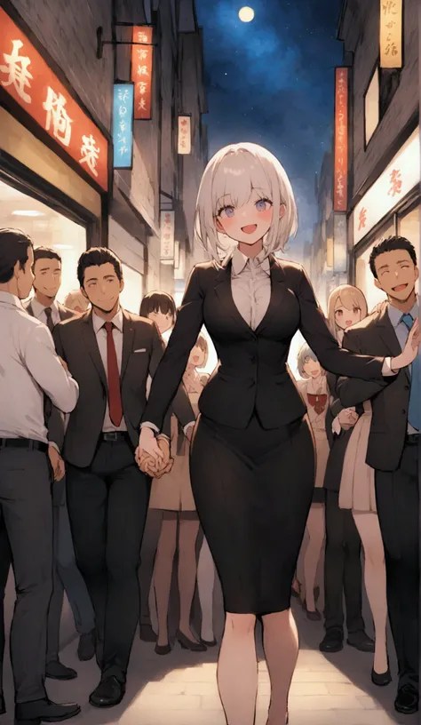 Two people、One Woman、One Man、beautiful girl、Beautiful Youth、Salaryman、OL、The man is in a suit、The woman is in an office lady suit、The woman is wearing a tight skirt、Men and women are holding hands、Downtown at night、Two peopleは腕を組んで歩く、Staggered foot、Being d...