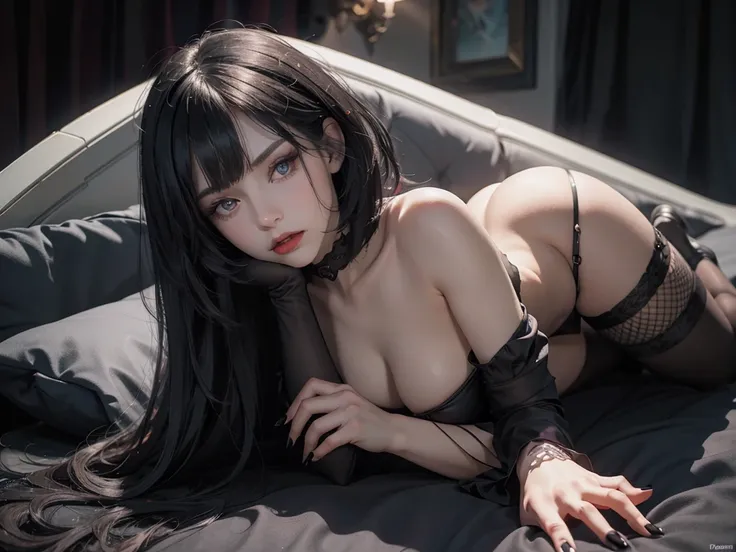 (best quality,highres),(realistic:1.37),dark,goth,woman, eyes,detailed face,black clothes,bobcut black hair,straight bangs,pale skin,red lipstick,intense expression,mysterious atmosphere,gothic background,dim lighting,night,vivid colors, fishnets, topless,...