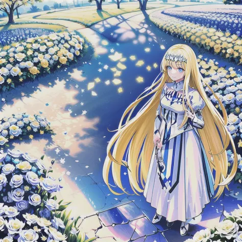 (A masterpiece、Extremely high quality、high picture quality、 standing in beautiful flowery garden、A slight smile,  bouquet、Hair fluttering in the wind, 1girl,solo, calca, blonde hair, ,( extremely long hair:1.2), very long hair, extra long hair, white tiara...