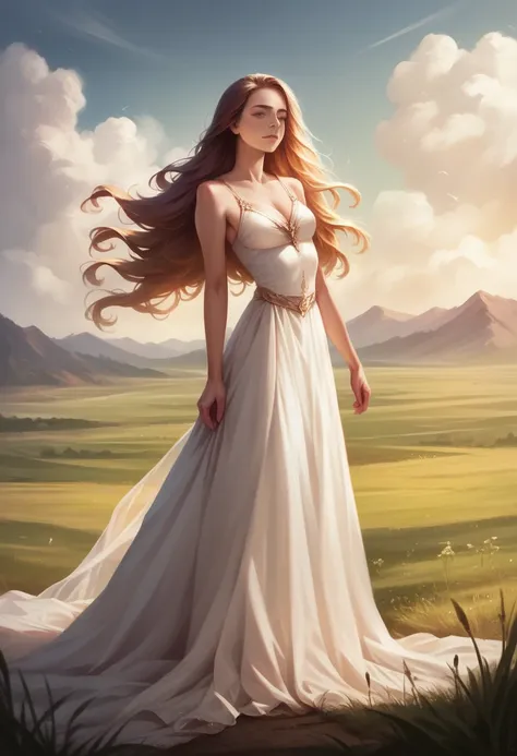 a woman walking away from the camera, elegant dress, long flowing hair, sunlit field, golden hour lighting, cinematic, photoreal...