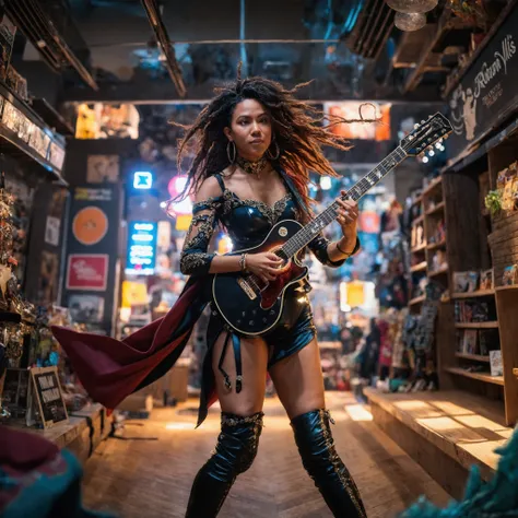 A woman in a costume playing guitar in a store, Shot with Canon EOS R 5, Photographed with Canon EOS R5, Shot with Canon EOS R 6, Shot with Sony A7III, Shot on a Sony Alpha 1 camera, Shot with Leica SL2, Shot with the Nikon Z9, Shot with Canon EOA6D Mark I...