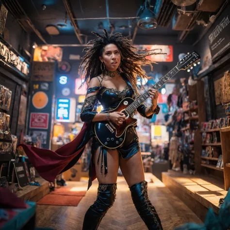 A woman in a costume playing guitar in a store, Shot with Canon EOS R 5, Photographed with Canon EOS R5, Shot with Canon EOS R 6, Shot with Sony A7III, Shot on a Sony Alpha 1 camera, Shot with Leica SL2, Shot with the Nikon Z9, Shot with Canon EOA6D Mark I...