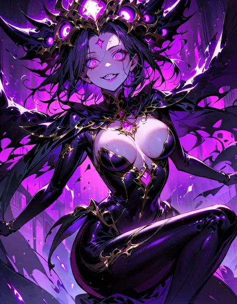 One young and beautiful woman,(Highest quality,Extremely detailed depiction,Incredibly absurd high resolution,Anatomically accurate depiction,Perfect body,Two curvaceous legs),(A fantastic evil goddess in a mysterious costume),(Gorgeous black outfit),eyela...