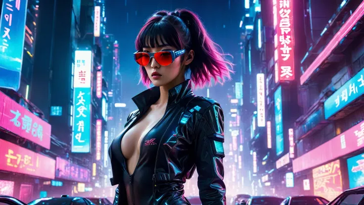 aerial view, dark night, A vast cyberpunk landscape set in Korea with ((flying cars)) and neon lights, in shades of pink, blue and red, (Matrix style cascading code), in the style of Blade Runner and Ghost In The Shell. (((((1girl, solo, alone))))), large-...