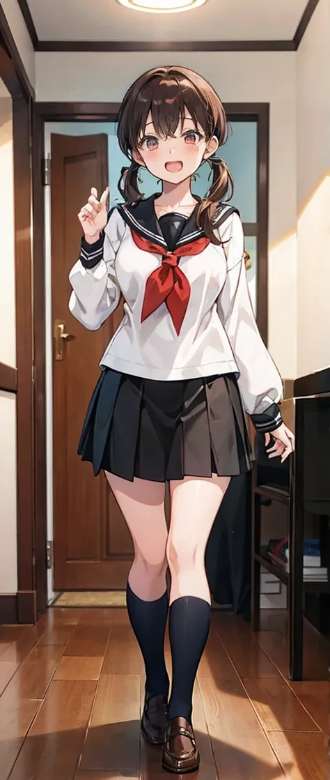 High resolution, High resolution,2D Anime Style,,Cool woman,Mature,,Beautiful thighs,20th Generation,Brown Hair,High Twintails, Brown eyes,Sailor suit, Black Skirt,He is laughing a little,whole body,Inside the room,