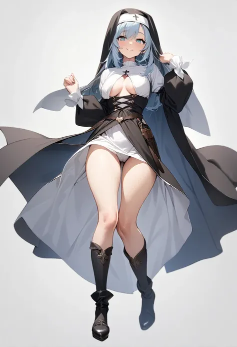 ({masterpiece}},{best quality,}，white background,full body,Middle Ages,1 woman，（20years old1:1),bule eyes,，smile，great chest,nun,,Quiet,sexy，({masterpiece}},{best quality}