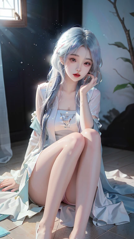 ((Shot in the knee)),（masterpiece、best quality、high resolution），（Color background，（Splash of Color）），Sweet girl，Light blue and white medium length hair，[Light Blue|pink]hair，curls，shining，红pink的嘴唇，The crack is relatively large，Splash of Color，Volumetric Li...