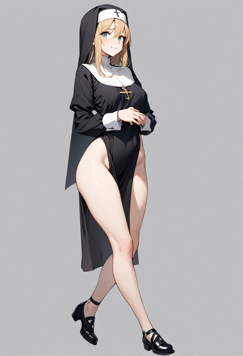 ({masterpiece}},{best quality,}，white background,full body,Middle Ages,1 woman，（20years old1:1),bule eyes,，smile，great chest,nun,,Quiet,sexy，({masterpiece}},{best quality}