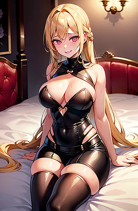 Young woman with blonde hair in long braids, Pink Eyes, Sunburn, Thick body, Wearing a black bodysuit with a keyhole at the top, Gold Gemstones, and a golden belt. Kneel on the bed and look down, Grin