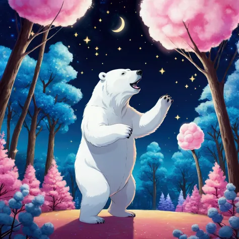 A starry night surrounded by cotton candy, Cotton Candy Forest,
Polar bear dancing alone, Anime Style