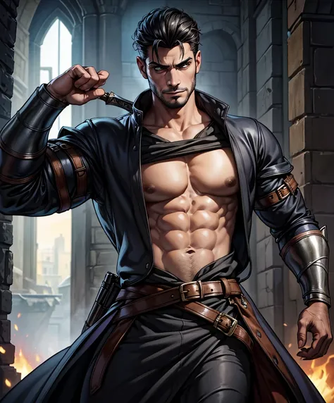 score_9, score_8_up, score_8,  (((Single character image.))) (((1boy))) (((Dressed in medieval fantasy attire.)))   (((This male character is sexy and virile.))) Generate a sinister male character for a dark fantasy setting.  Dressed in medieval fantasy at...