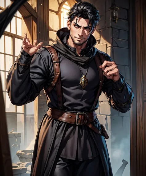 score_9, score_8_up, score_8,  (((Single character image.))) (((1boy))) (((Dressed in medieval fantasy attire.)))   (((This male character is sexy and virile.))) Generate a sinister male character for a dark fantasy setting.  Dressed in medieval fantasy at...