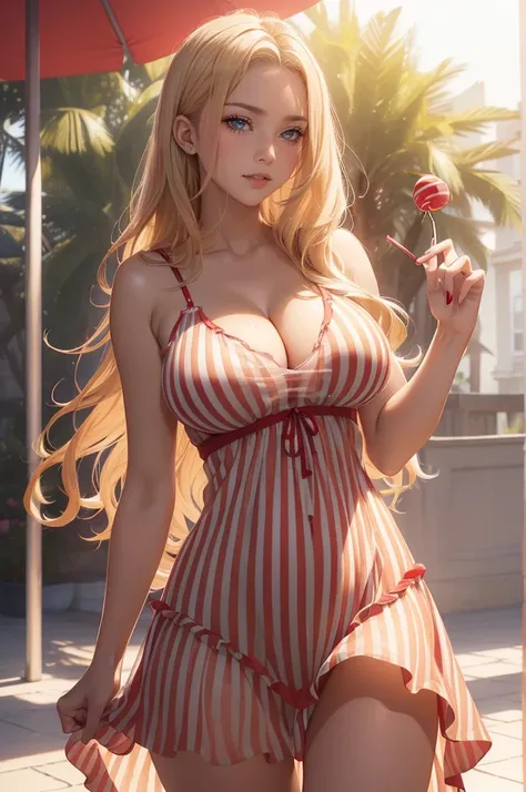 (masterpiece, best quality, cinematic, photorealistic, ultra-detailed), (1girl, female Mexican), (wide shot, from the front:1.4), (wearing a see-through red and white striped sundress:1.5), (Beachy blonde waves:1.2), perfect hands, perfect face, wide hips,...