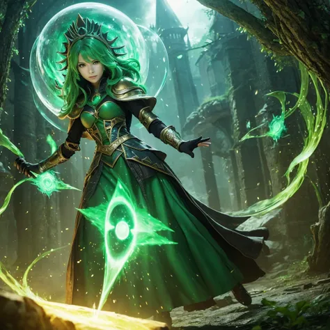 A powerful spell that creates a magical protective barrier., A woman who uses green magic to summon a magical shield is perfect for a fantasy world..