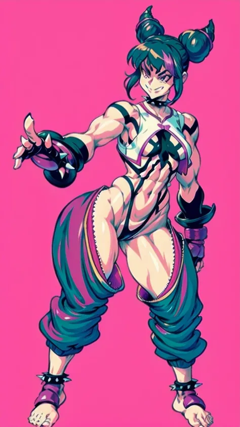 Full body image of Juri Han from Street Fighter 5, wearing her original outfit (black and purple bodysuit with spiked accents, barefoot with taped feet, and arm guards), short black hair styled in twin buns, female body, athletic and flexible body, dynamic...