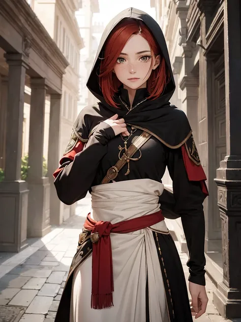 (realistic oil painting, Image up to the waist, 20-year-old princess, Englishman, black eyes, Vibrant appearance, Redhead, short hair), Ezio Auditore Tunic, Hooded, black, brown, red detail, Decorations, Freckles 10% of the zygomatic bones, Perfect Face, C...