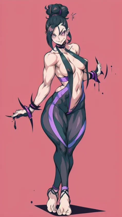 Full body image of Juri Han from Street Fighter 5, wearing her original outfit (black and purple bodysuit with spiked accents, barefoot with taped feet, and arm guards), short black hair styled in twin buns, female body, athletic and flexible body, dynamic...