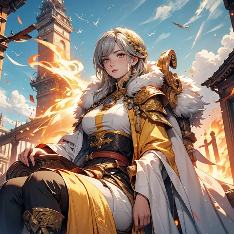 Attention to detail, Clarity, 8 kilometers, Throne of Fire, Young Woman, 18-year-old, Light grey hair, short hair, Yellow Eyes, Blue sky in the background, Walk up the flaming stairs to the heavens、realism, Fantasy