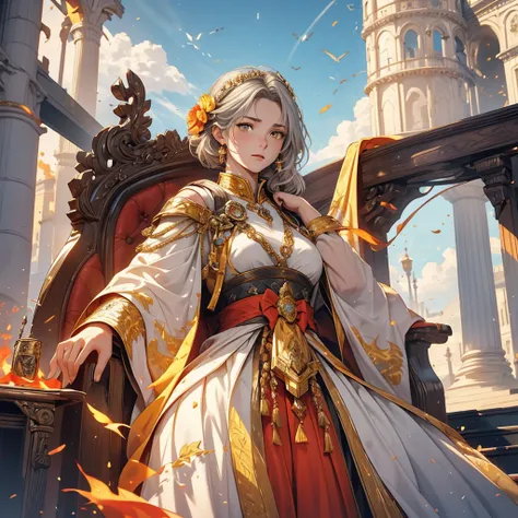 Attention to detail, Clarity, 8 kilometers, Throne of Fire, Young Woman, 18-year-old, Light grey hair, short hair, Yellow Eyes, Blue sky in the background, Walk up the flaming stairs to the heavens、realism, Fantasy