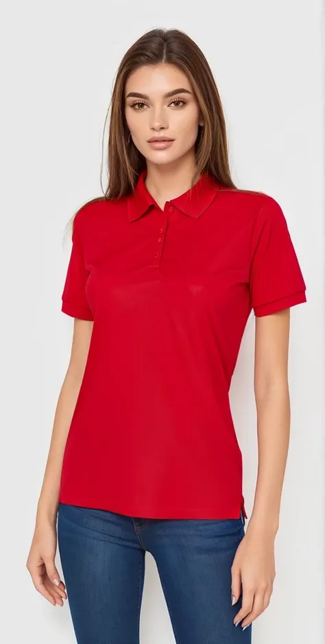 a woman in a vermelho shirt and jeans poses for a picture, vermelho shirt, vermelho t-shirt, vestindo camisa polo, manga curta, only vermelho colour, vermelho uniform, vermelho clothes, simples, bright vermelho, vermelho sport clothing, wearing vermelho cl...