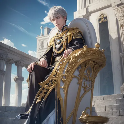 Attention to detail, Clarity, 8 kilometers, Throne of Fire, Young man, 18-year-old, Light grey hair, short hair, Yellow Eyes, Blue sky in the background, Walk up the flaming stairs to the heavens、To the throne before me, realism, Fantasy,