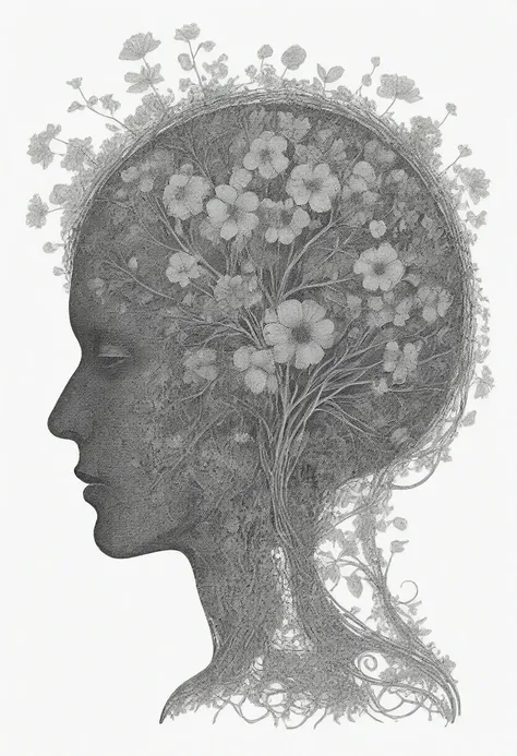 a silhouette of the outline of the brain blooming with vines and flowers by (Igor tim burton:1.002) , rich detail, floral brain, vegetation, leave and blossoms