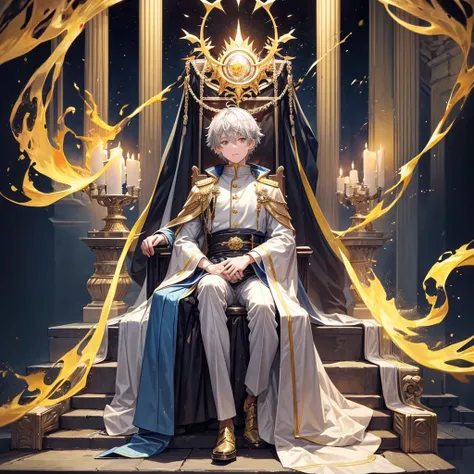 Attention to detail, Clarity, 8 kilometers, Throne of Fire, Young man, 18-year-old, Light grey hair, short hair, Yellow Eyes, Blue sky in the background, Walk up the flaming stairs to the heavens、To the throne before me, realism, Fantasy,