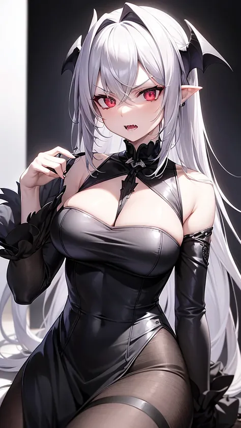 masterpiece, high quality, 4K, HDR, A battle-ready demon with a disgruntled expression, open mouth revealing sharp, jagged fangs, narrowed eyes, and crimson irises. Pale skin, silver hair with neatly trimmed bangs in an intake hairstyle, long locks. A blac...