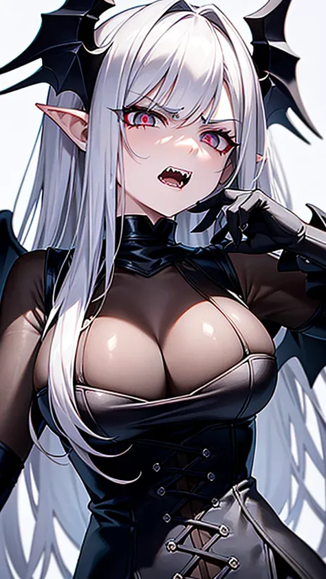 masterpiece, high quality, 4K, HDR,, A battle-ready demon with a disgruntled expression, open mouth revealing sharp, jagged fangs, narrowed eyes, and crimson irises. Pale skin, silver hair with neatly trimmed bangs in an intake hairstyle, long locks. A bla...