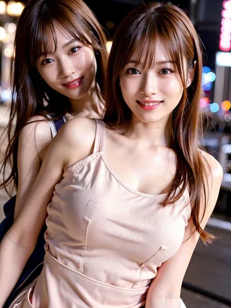 1 girl、Tokyo Street、night、Cityscape、City lights、Close-up、Laughter、、(8k、RAW Photos、Highest quality、masterpiece:1.2)、(Realistic、Photorealistic:1.37)、Pink Tank Top、Brown Hair、Cowboy Shot、smile、Arms crossed