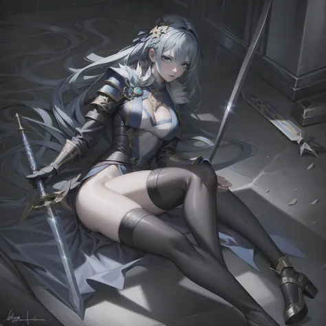 (masterpiece, Highest quality:1.2), (Detailed eyes and skin),One Woman, 20-year-old, Long sword, 1 sword, Holding a sword, Ready for battle,Long Hair, Blue Hair,blue eyes, (Exposed clothing:1.4),High heels, Black knee-high socks, whole body,A ruined ancien...