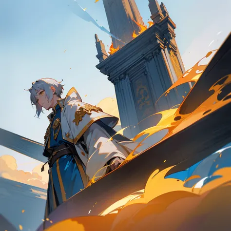 Attention to detail, Clarity, 8 kilometers, Throne of Fire, Young man, 18-year-old, Light grey hair, short hair, Yellow Eyes, Blue sky in the background, Walk up the flaming stairs to the heavens、To the throne before me, realism, Fantasy,