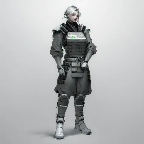 Enhance render style, female full grey uniform, metal grey outfit, dark grey color scheme, monochrome, white background,