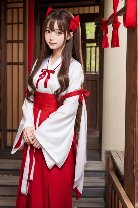 Long brown hair, half-up、Red ribbon、Anime illustration in shrine maiden outfit