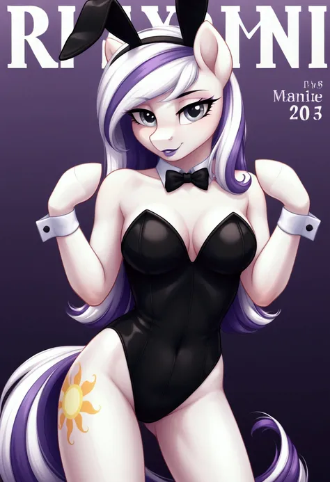 My little pony, (Pony), (black stripe on hair), white hair, (pale white body), gray eyes, medium breasts, purple lips, perfect lines, (erotic magazine "PLAYPONY" cover featuring a pony), ((playboy costume))