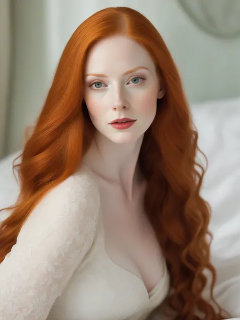 There is a woman with long red hair lying on a bed., amaranth, con pale skin, pale porcelain white skin, pale skin y clara!!, pale skin y brillante, she has long orange hair, She has long orange-brown hair., pale skin, smooth and impeccable, pale red, pale...