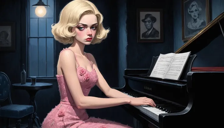 robert johnson, gritty, alabama bar, blue note, charismatic , pink rose textured dress, illustration, noir fantasy, lone blonde lady, sad ending, pianist