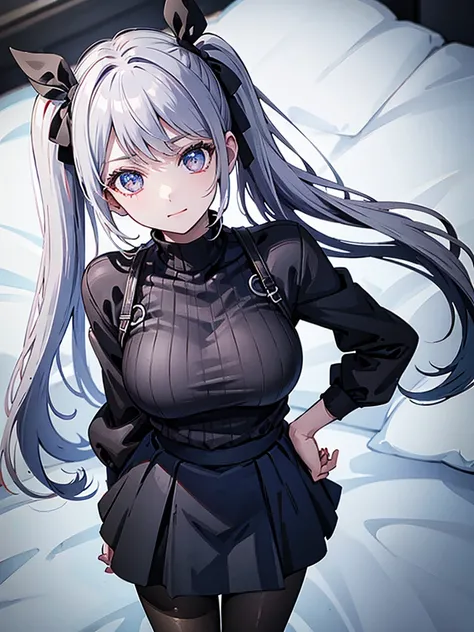 from above,silver hair, twintails, very long hair, アニメ, best quality, masterpiece、Black mini skirt、Black high neck half zipper、Black Pantyhose、looking at the camera、Just a little laugh
