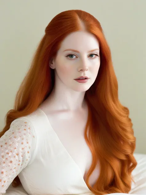 There is a woman with long red hair lying on a bed., amaranth, con pale skin, pale porcelain white skin, pale skin y clara!!, pale skin y brillante, she has long orange hair, She has long orange-brown hair., pale skin, smooth and impeccable, pale red, pale...